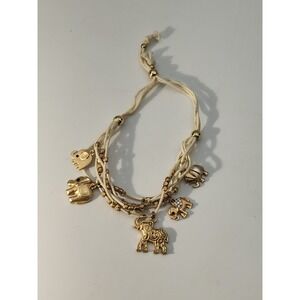 Vintage‎ Gold Tone Multi Tan String Layered Five Elephants Adjustable Bracelet